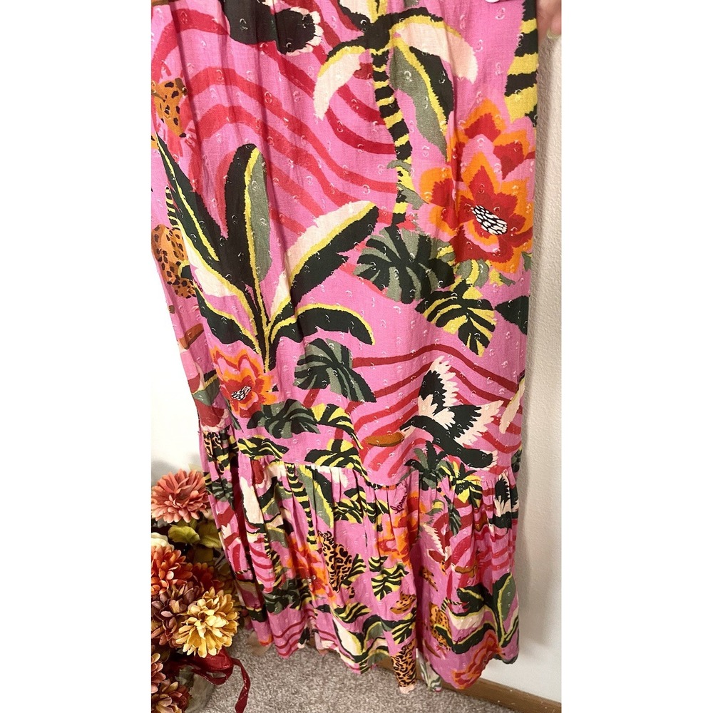 FARM RIO Pink Leopard Forest Midi Dress 100% Cotton Pink Tropical Backless S - Picture 8 of 16
